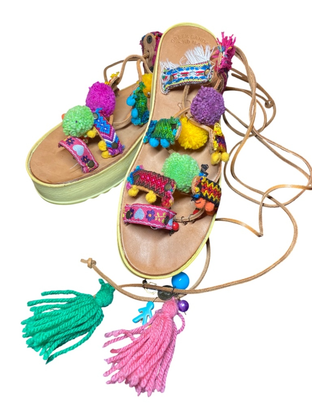 Greek Artisan Leather Lace Up Boho Festival Pom Pom Platform Sandals Size US 7